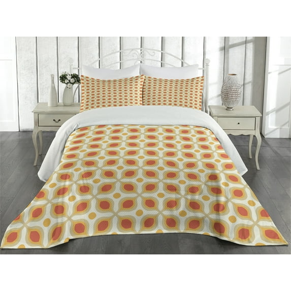 Ambesonne Vintage Quilted Coverlet 3 Pcs, 70s Boho Geometric, Queen Size, Orange Cream