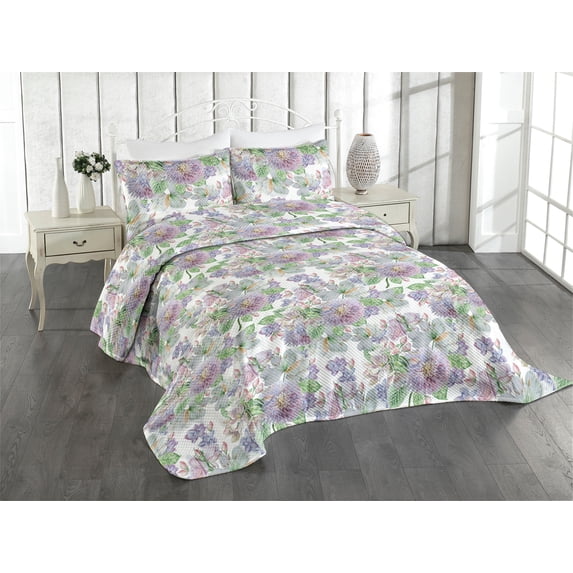 Ambesonne Vintage Quilted Coverlet 3 Pcs, Alstroemeria Flowers Leaves, King Size, Peacock Green and Pale Purple