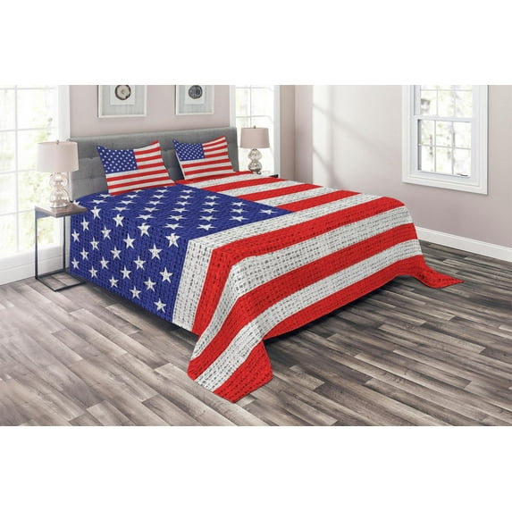Ambesonne Vintage Quilted Coverlet 3 Pcs, American Freedom Theme, Queen Size, White Blue and Vermilion