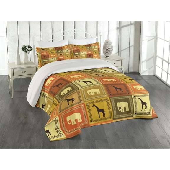 Ambesonne Vintage Quilted Coverlet 3 Pcs, Animals Pattern, Queen Size, Black and Brown
