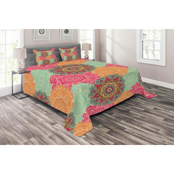 Ambesonne Vintage Quilted Coverlet 3 Pcs, Antique Tribal Mandala, King Size, Fuchsia Orange