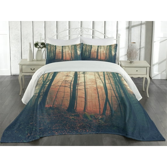Ambesonne Vintage Quilted Coverlet 3 Pcs, Autumn Forest Woodland, King Size, Coral Dark Green