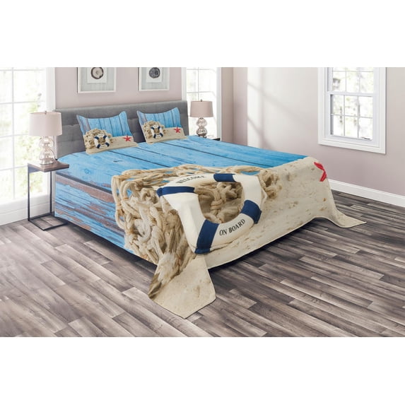 Ambesonne Vintage Quilted Coverlet 3 Pcs, Beach Coastline Welcome, Queen Size, Eggshell Blue Red
