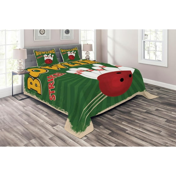 Ambesonne Vintage Quilted Coverlet 3 Pcs, Bowling Strike Green, King Size, Multicolor