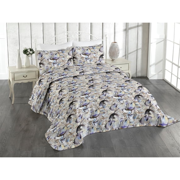 Ambesonne Vintage Quilted Coverlet 3 Pcs, Brush Strokes Retro Flowers, Queen Size, Ceil Blue and Pale Brown