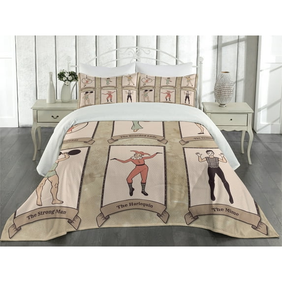 Ambesonne Vintage Quilted Coverlet 3 Pcs, Circus Acrobats Gymnast, King Size, Pink Beige