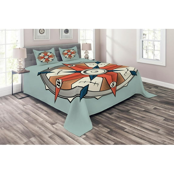 Ambesonne Vintage Quilted Coverlet 3 Pcs, Cruise Compass Grunge, Queen Size, Pale Orange Turquoise