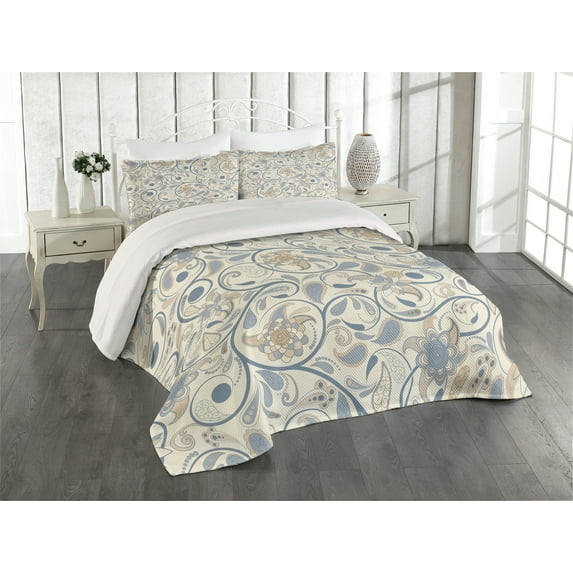 Ambesonne Vintage Quilted Coverlet 3 Pcs, Eastern Oriental Scroll, King Size, Slate Blue Beige Tan
