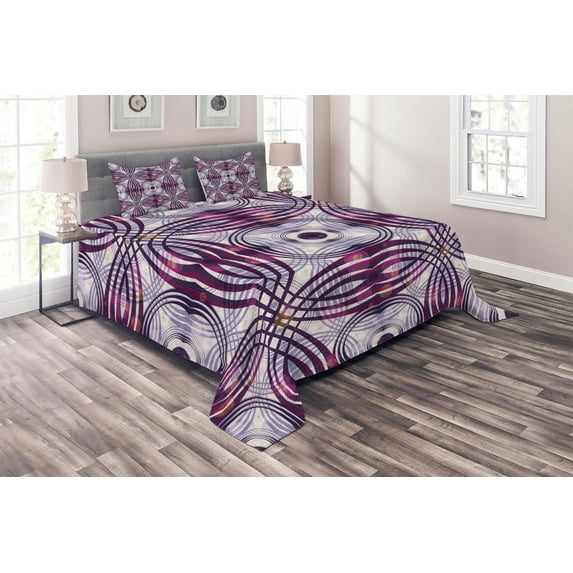 Ambesonne Vintage Quilted Coverlet 3 Pcs, Geometric Stripe Circle, Queen Size, Lavender Plum