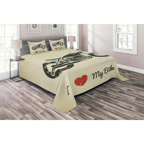 Ambesonne Vintage Quilted Coverlet 3 Pcs, Grunge Flat Motorcycle, Queen Size, Charcoal Grey Khaki