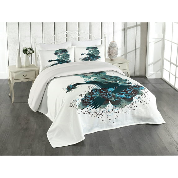 Ambesonne Vintage Quilted Coverlet 3 Pcs, Grunge Skull Girl Roses, King Size, Petrol Blue White
