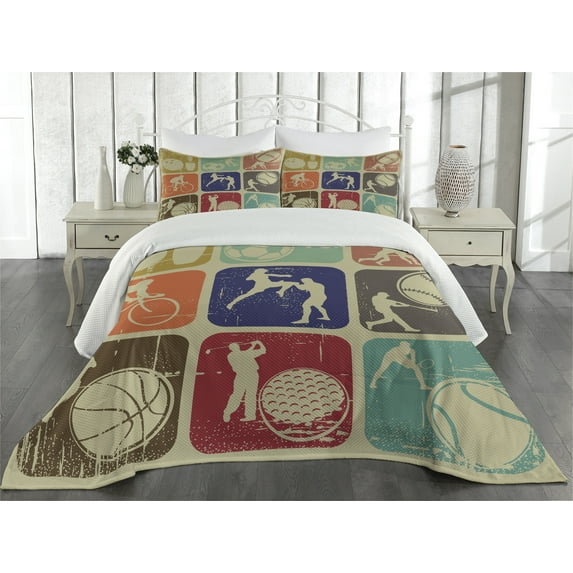 Ambesonne Vintage Quilted Coverlet 3 Pcs, Grunge Sports Banners, King Size, Multicolor