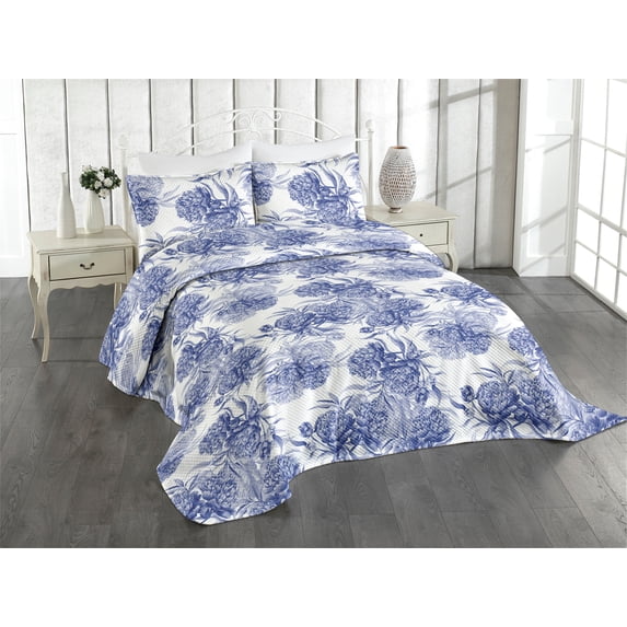 Ambesonne Vintage Quilted Coverlet 3 Pcs, Hand-Drawn Monochrome Flora, King Size, Dark Ceil Blue and Grey