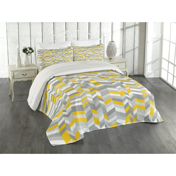 Ambesonne Vintage Quilted Coverlet 3 Pcs, Home Style Zig Zag, Queen Size, Grey Yellow