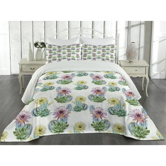 Ambesonne Vintage Quilted Coverlet 3 Pcs, Mexican Plant Cactus, Queen Size, Pink Green and Blue