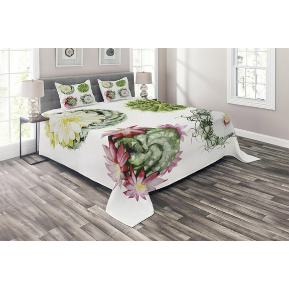 Ambesonne Vintage Quilted Coverlet 3 Pcs, Mexican Retro Funky Cactus, King Size, Multicolor