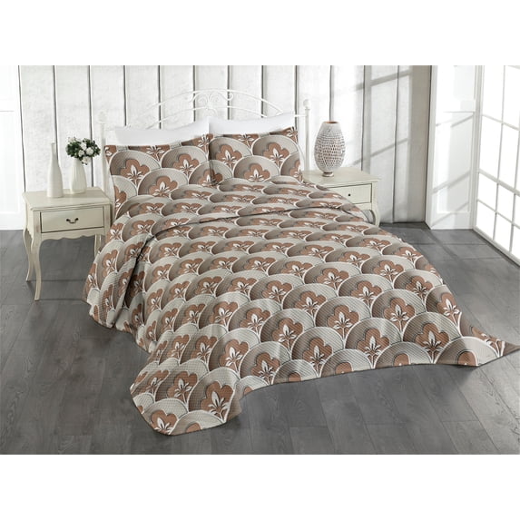 Ambesonne Vintage Quilted Coverlet 3 Pcs, Mosaic Retro Floral Print, King Size, Caramel Taupe and Dark Tan