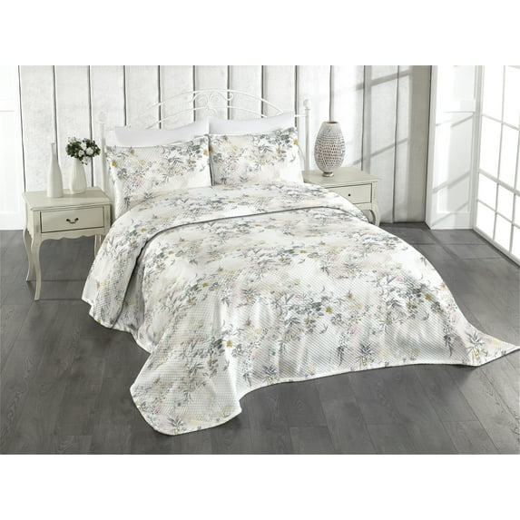 Ambesonne Vintage Quilted Coverlet 3 Pcs, Nature Bloom Branches Leafy, King Size, Taupe Grey Blush and Cream