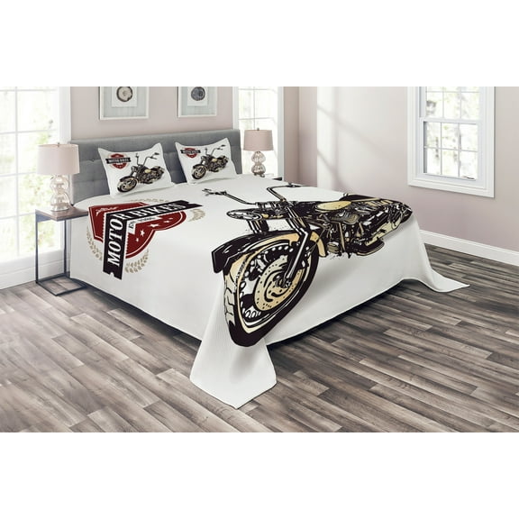 Ambesonne Vintage Quilted Coverlet 3 Pcs, Old Classic Motorcycle, Queen Size, Black Beige