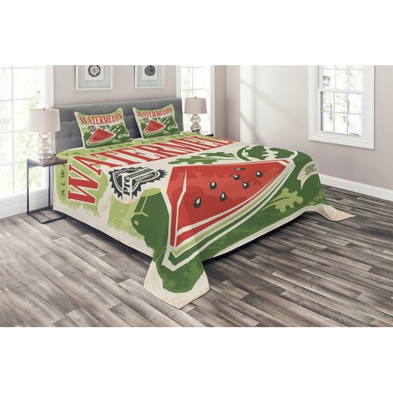 Ambesonne Vintage Quilted Coverlet 3 Pcs, Old Faded Funny Graphic, King Size, Green Red Ecru