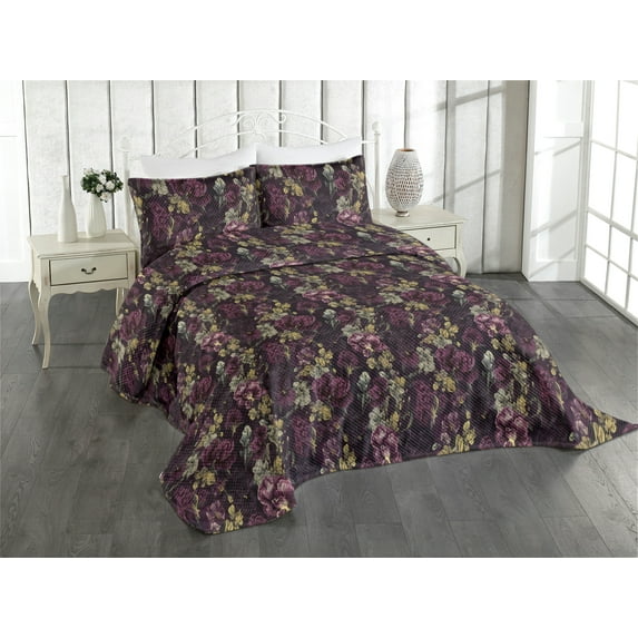 Ambesonne Vintage Quilted Coverlet 3 Pcs, Pansy Flowers Hand-Drawn, Queen Size, Dark Maroon Fawn and Taupe