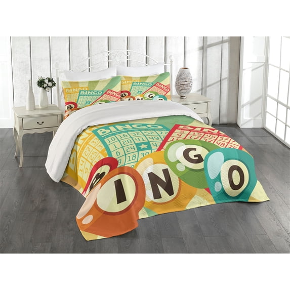 Ambesonne Vintage Quilted Coverlet 3 Pcs, Pop Art Cards Lottery, Queen Size, Multicolor
