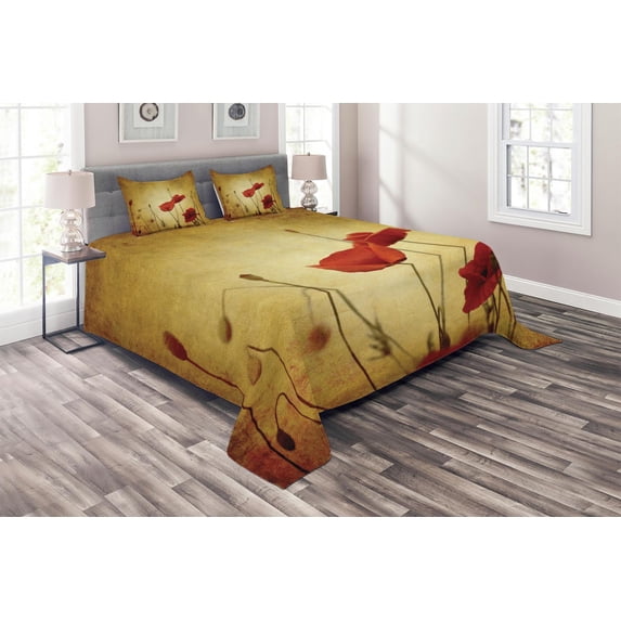 Ambesonne Vintage Quilted Coverlet 3 Pcs, Poppy Flowers Bohemian, Queen Size, Pale Brown Vermilion