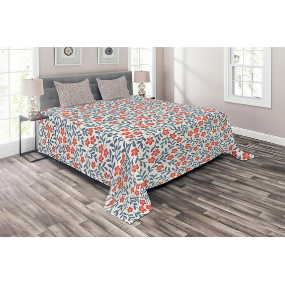 Ambesonne Vintage Quilted Coverlet 3 Pcs, Retro Bohemian Floral, King Size, Red Blue White