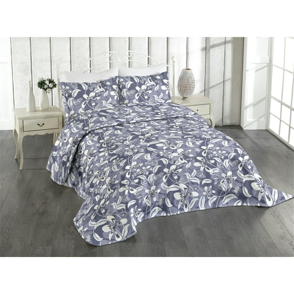 Ambesonne Vintage Quilted Coverlet 3 Pcs, Retro Butterfly Flower Art, King Size, Dark Indigo Grey and White