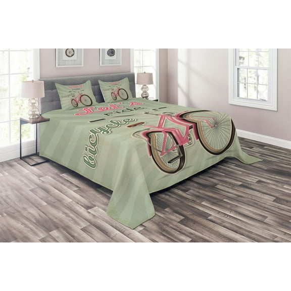 Ambesonne Vintage Quilted Coverlet 3 Pcs, Retro Pop Art Bike, Queen Size, Green Pink