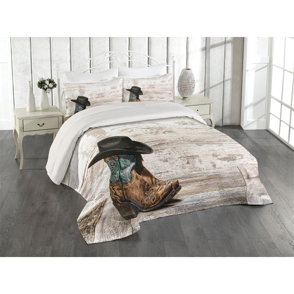 Ambesonne Vintage Quilted Coverlet 3 Pcs, Rodeo Cowboy Grunge Hat, Queen Size, Black Brown