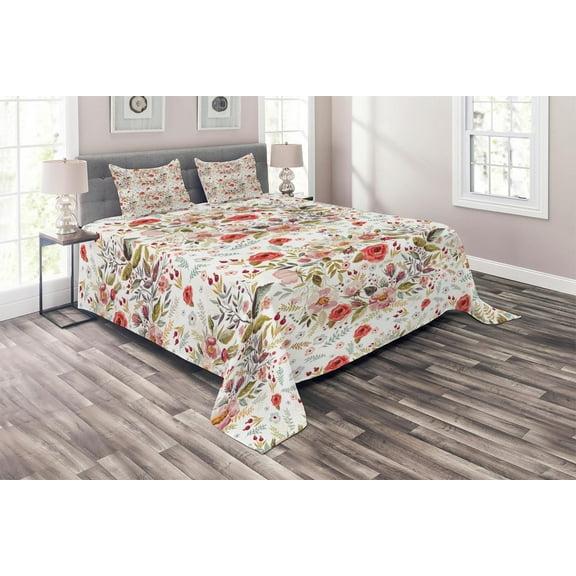 Ambesonne Vintage Quilted Coverlet 3 Pcs, Romantic Feminine Spring, Queen Size, Multicolor