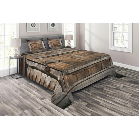 Ambesonne Vintage Quilted Coverlet 3 Pcs, Rustic Wooden Door, King Size, Brown