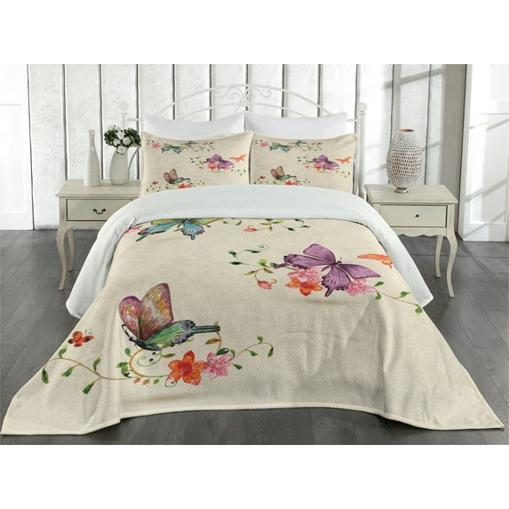 Ambesonne Vintage Quilted Coverlet 3 Pcs, Wings Moth Transformation, King Size, Multicolor