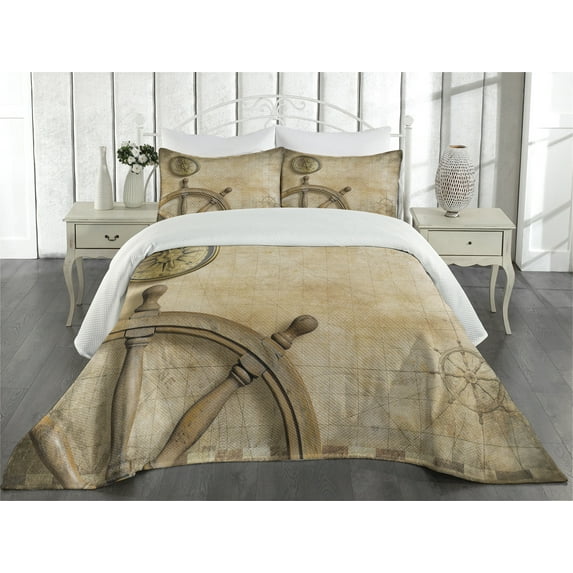 Ambesonne Vintage Quilted Coverlet 3 Pcs, Wooden Wheel Compass, King Size, Beige