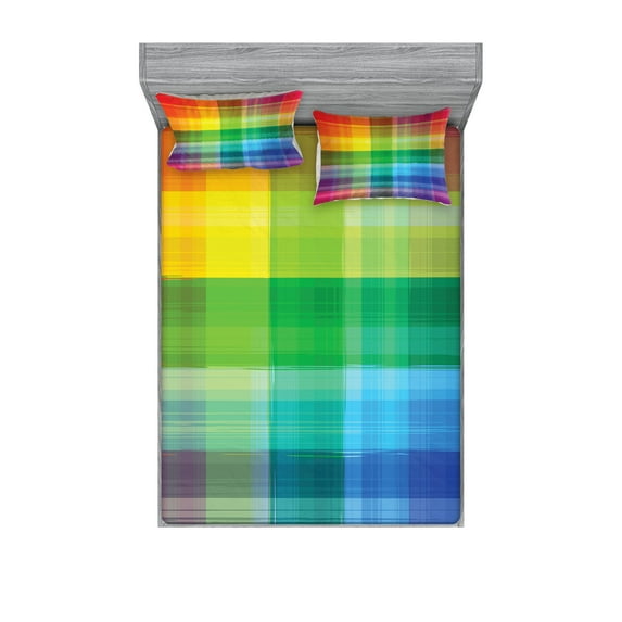 Ambesonne Vintage Rainbow Fitted Sheet & Pillow Sham Set, Retro Plaid, King, Multicolor