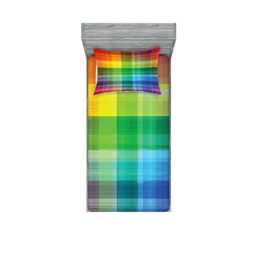 Ambesonne Vintage Rainbow Fitted Sheet & Pillow Sham Set, Retro Plaid, Twin, Multicolor