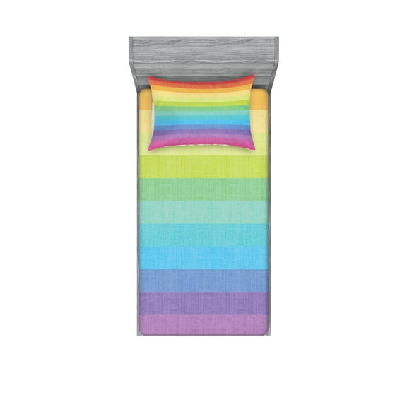 Ambesonne Vintage Rainbow Fitted Sheet & Pillow Sham Set, Retro Stripes, Twinxl, Multicolor