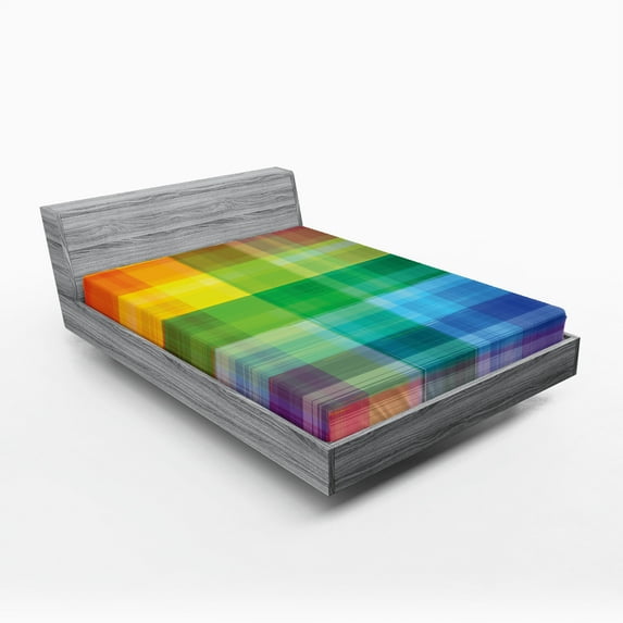 Ambesonne Vintage Rainbow Fitted Sheet, Retro Plaid, California King, Multicolor