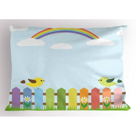 Ambesonne Vintage Rainbow Pillow Sham, Birds on Fence, 26" X 20", Multicolor