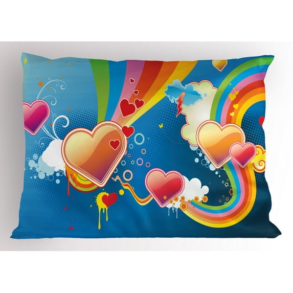 Ambesonne Vintage Rainbow Pillow Sham, Funky Hearts, 26" X 20", Multicolor