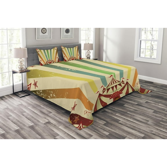 Ambesonne Vintage Rainbow Quilted Bedspread Set 3 Pcs, Old Circus Fair, King Size, Multicolor