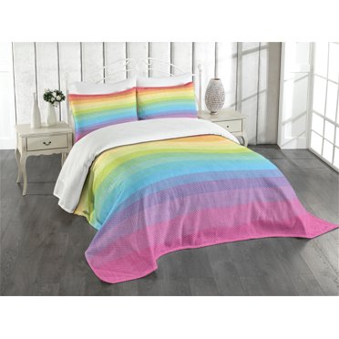 Ambesonne Vintage Rainbow Quilted Bedspread Set 3 Pcs, Retro Stripes, King Size, Multicolor
