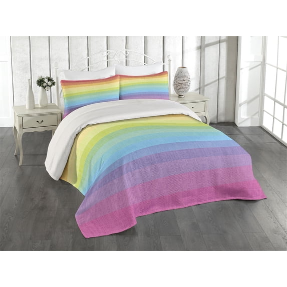 Ambesonne Vintage Rainbow Quilted Coverlet 3 Pcs, Retro Stripes, Queen Size, Multicolor