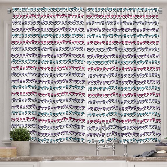 Ambesonne Vintage Retro Kitchen Curtains, Hippie Style Hearts, 55"x36", Pink Lavender and Turquoise