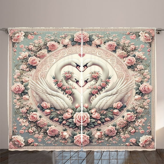 Ambesonne Vintage Romantic Curtains 2 Panel Set, Doves and Roses, 108" x 63", Pale Pink Pale Cadet Blue