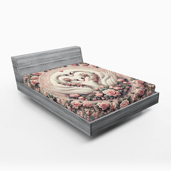 Ambesonne Vintage Romantic Fitted Sheet, Doves and Roses, King Size, Pale Pink Pale Cadet Blue