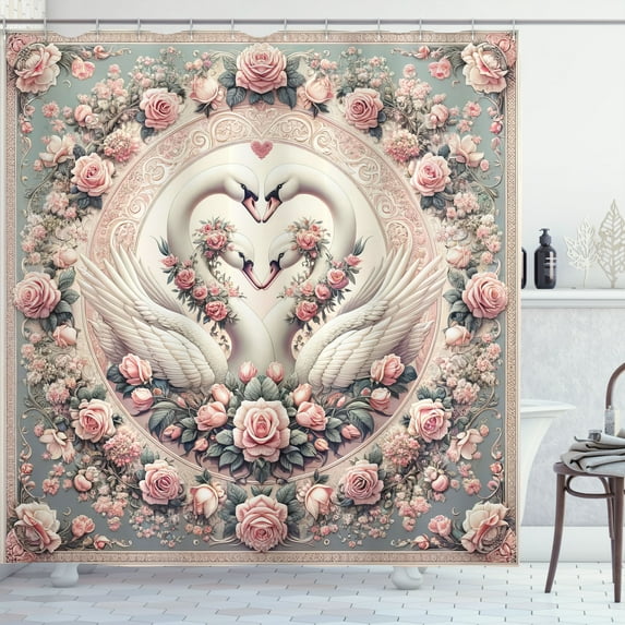 Ambesonne Vintage Romantic Shower Curtain, Doves and Roses, 69"Wx75"L, Pale Pink Pale Cadet Blue