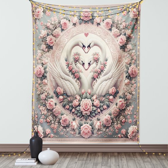 Ambesonne Vintage Romantic Tapestry Wall Hanging, Doves and Roses, 40"x60", Pale Pink Pale Cadet Blue