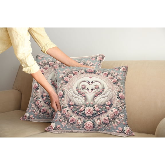 Ambesonne Vintage Romantic Throw Pillow Cover Pack of 2, Doves and Roses, 2 Pcs-26"x16", Pale Pink Pale Cadet Blue